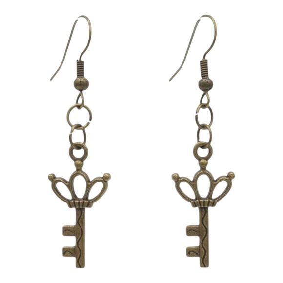 Key Shaped Crown Earrings Everyday Dangle Jewelry Gift - Picture 1 of 3